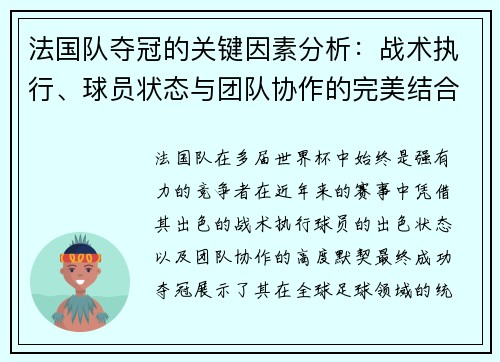 法国队夺冠的关键因素分析：战术执行、球员状态与团队协作的完美结合