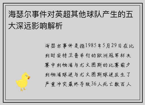 海瑟尔事件对英超其他球队产生的五大深远影响解析 海瑟尔事件对英超其他球队产生的五大深远影响解析