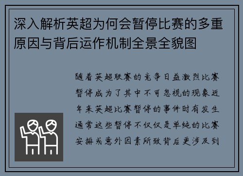 深入解析英超为何会暂停比赛的多重原因与背后运作机制全景全貌图