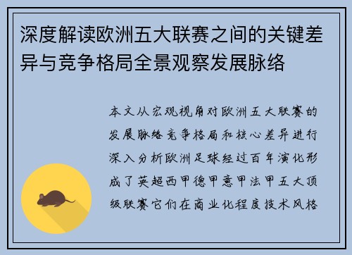 深度解读欧洲五大联赛之间的关键差异与竞争格局全景观察发展脉络