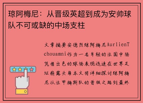 琼阿梅尼：从晋级英超到成为安帅球队不可或缺的中场支柱
