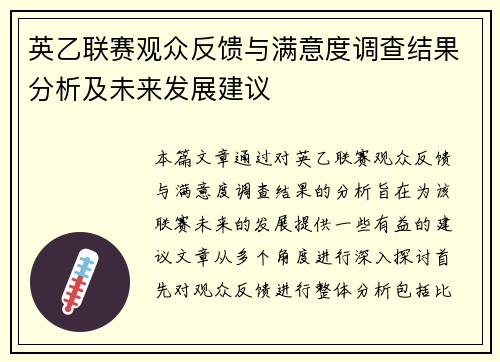 英乙联赛观众反馈与满意度调查结果分析及未来发展建议