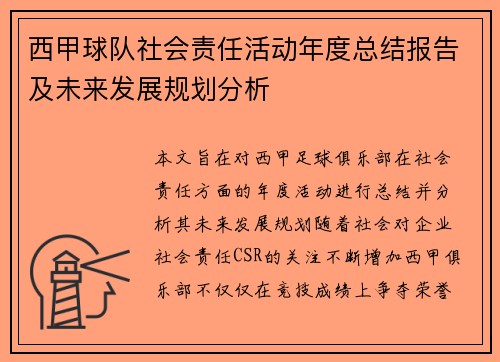西甲球队社会责任活动年度总结报告及未来发展规划分析